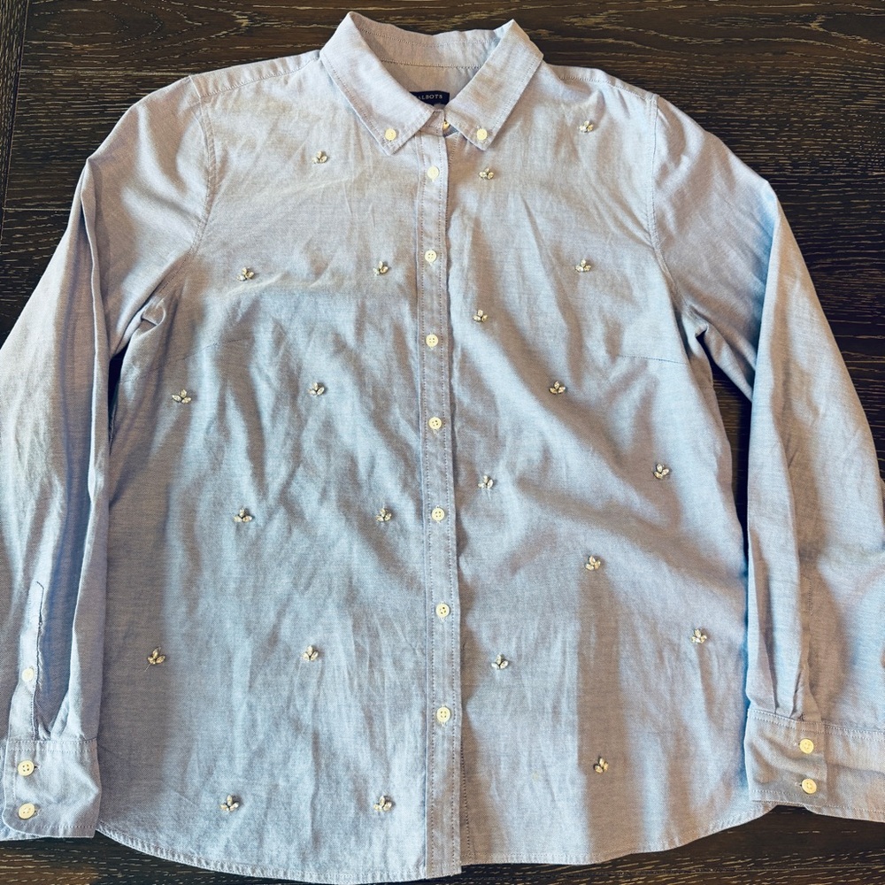 Talbots Blue Fleur De Lis Oxford Button-Up Shirt with Rhinestones Size 14 - Picture 1 of 7